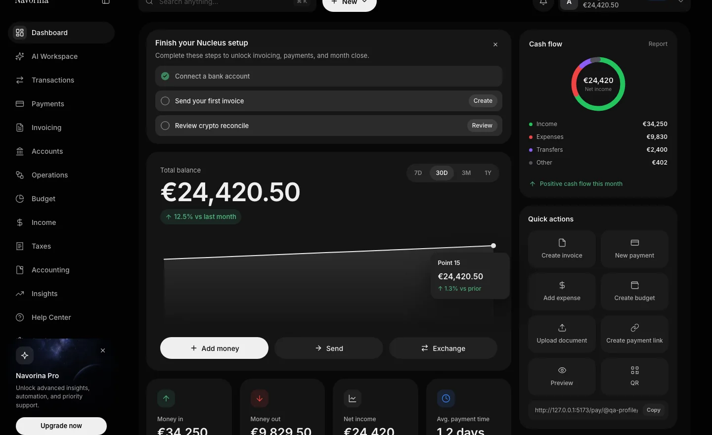 Navorina Chat dashboard showing cash position, setup tasks, quick actions, and account activity