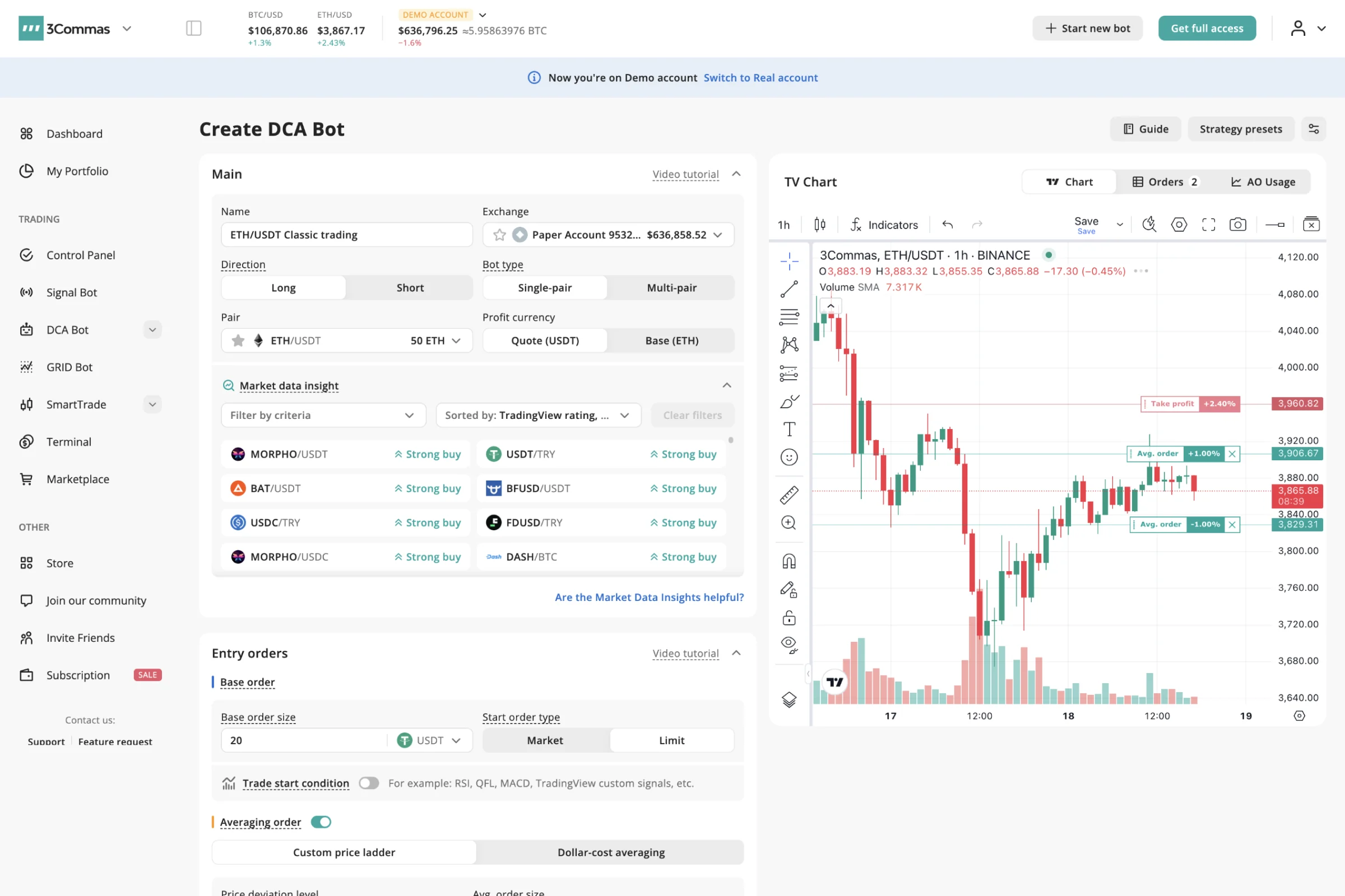 3Commas DCA bot configuration interface with market insights, order controls, and a live trading chart